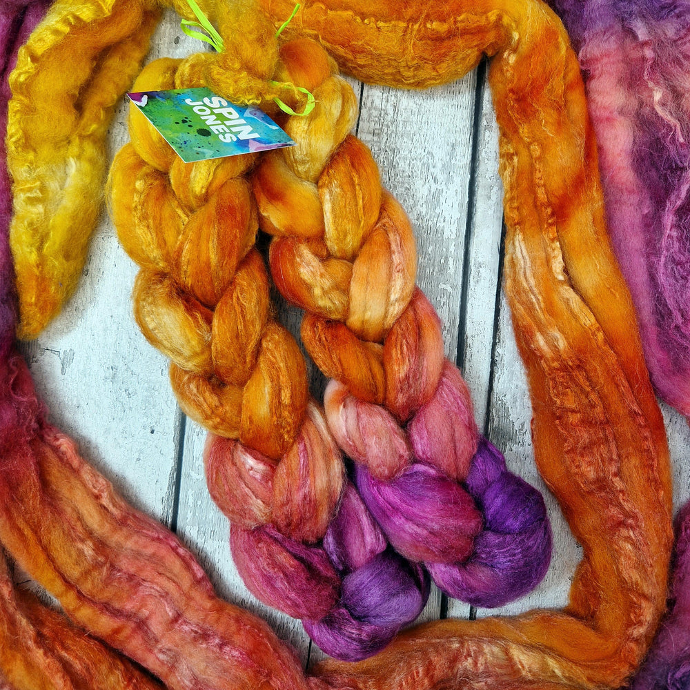 Bluefaced Leicester and tussah silk wool top - Hand dyed - 100g (3.5oz) - COWBOY SUNSET