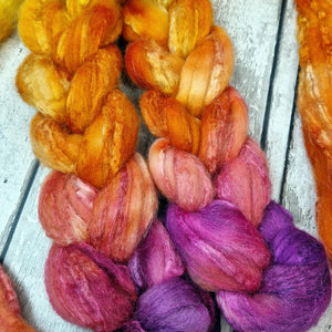 Bluefaced Leicester and tussah silk wool top - Hand dyed - 100g (3.5oz) - COWBOY SUNSET