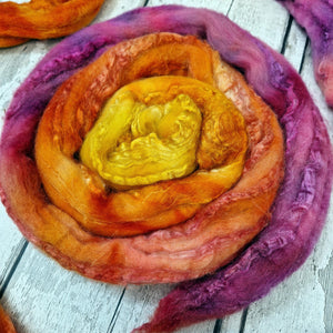 Bluefaced Leicester and tussah silk wool top - Hand dyed - 100g (3.5oz) - COWBOY SUNSET