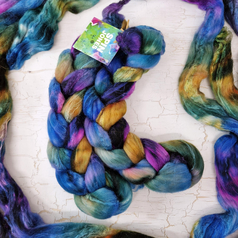 Merino and tussah silk wool top - Hand dyed - 100g (3.5oz) - BLUEBERRIES