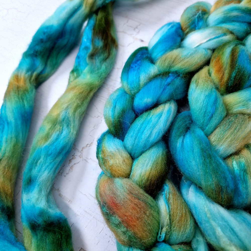 Merino and tussah silk wool top - Hand dyed - 100g (3.5oz) - AQUATIC