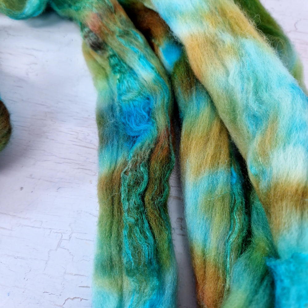 Merino and tussah silk wool top - Hand dyed - 100g (3.5oz) - AQUATIC