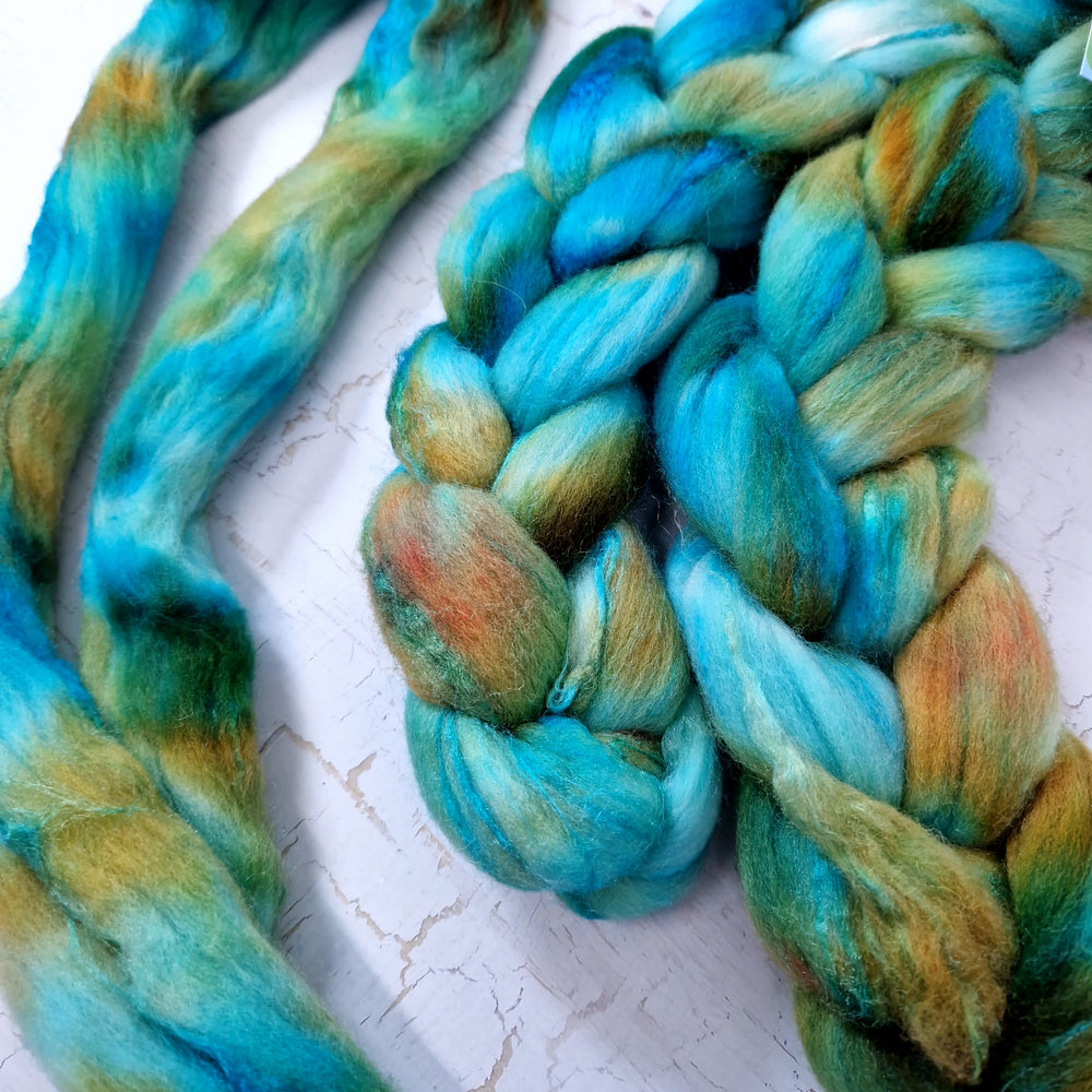 Merino and tussah silk wool top - Hand dyed - 100g (3.5oz) - AQUATIC