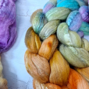 Bluefaced Leicester and tussah silk wool top - Hand dyed - 100g (3.5oz) - SPRING SHORE